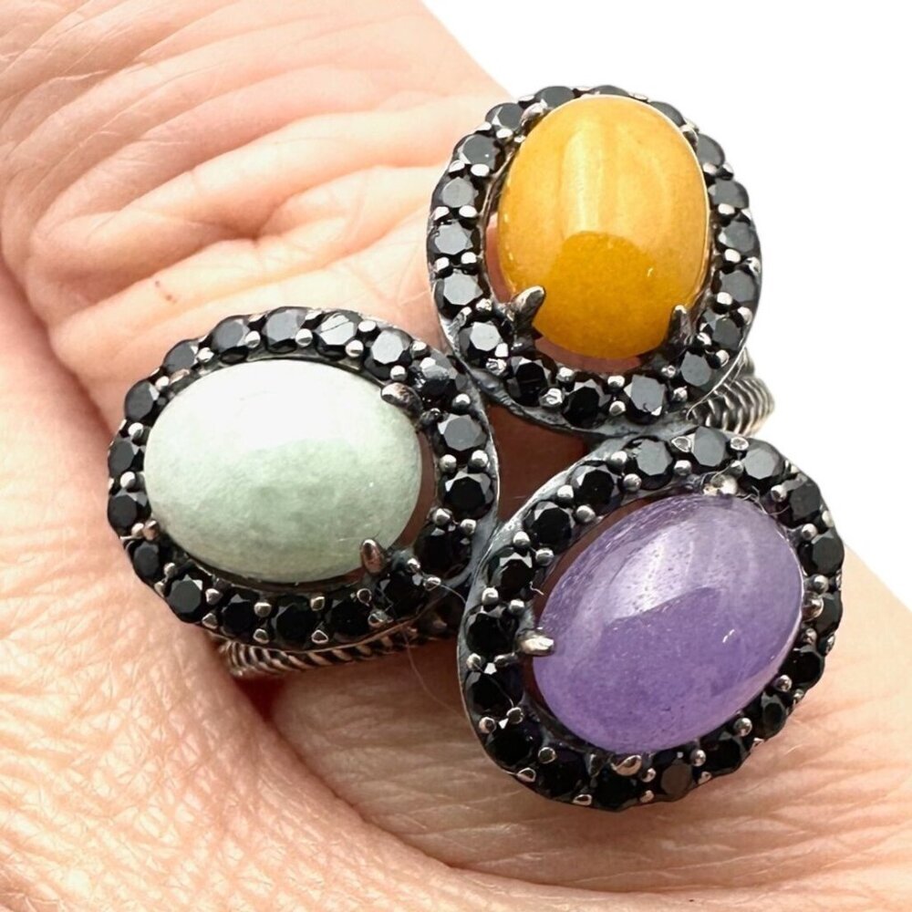 Jade of Yesteryear Womens Ring Sterling Silver Green Purple Yellow Jade Size 6